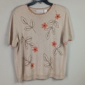 Alfred Dunner Cream Knit Short-Sleeve Embroidered Coral Florals & Beaded Top L